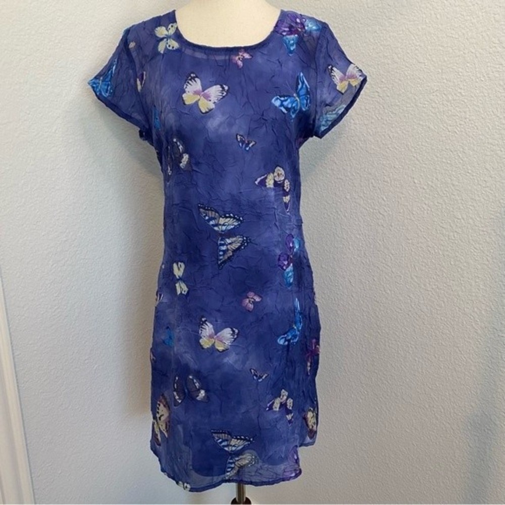 NWOT Butterfly Floral Blue Pink Crinkle Sheer Sheath Dress & Cami VANY NY SZ 8